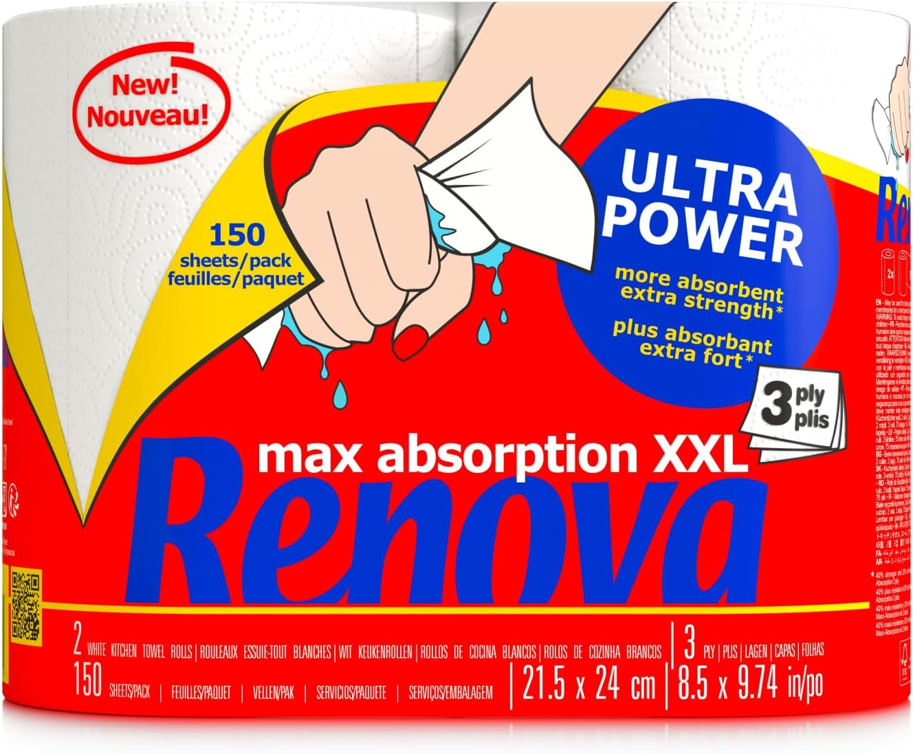 Køkkenruller Renova Renova Ultrapower | 24 XXL ruller = 60 standardruller | 3 ultraabsorberende og maksimal modstandslag | Fsc certificeret papir