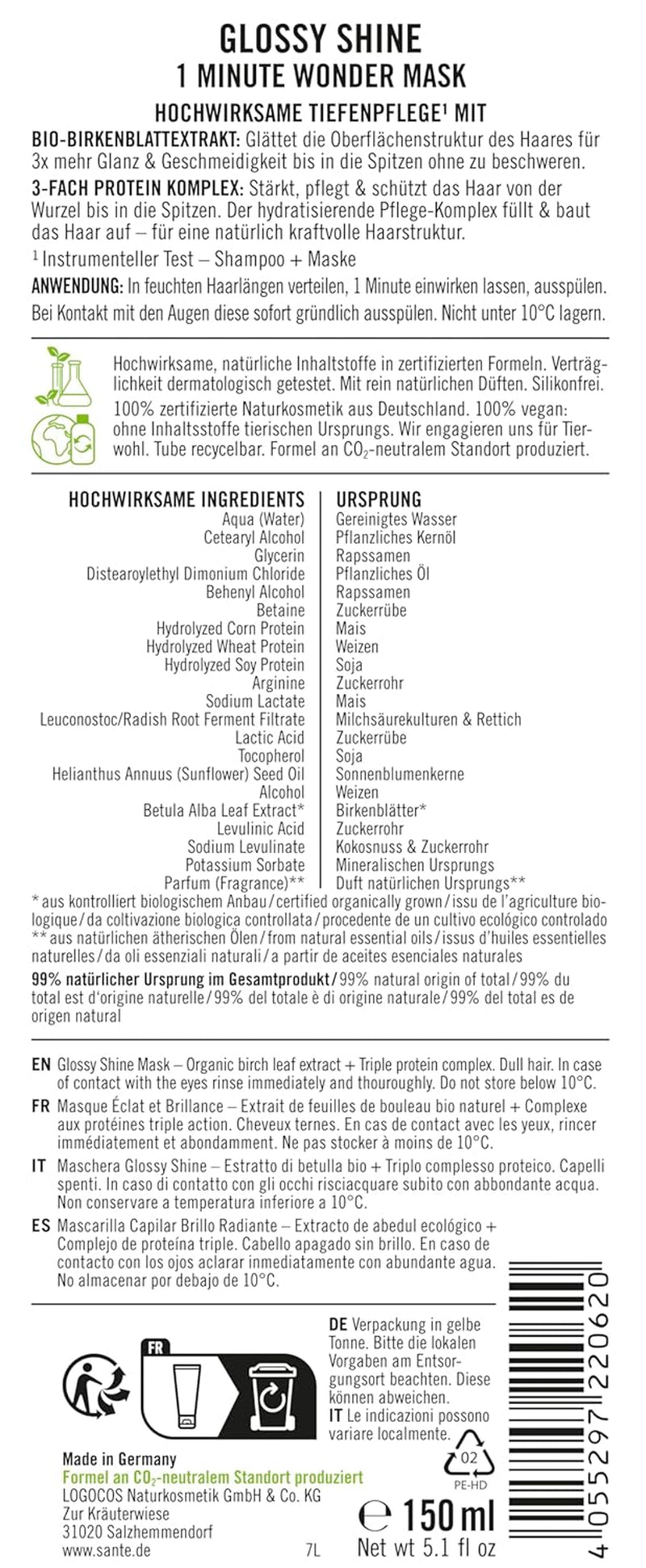 SANTE Naturkosmetik Glossy Shine Mask økologisk birkebladsekstrakt + 3x proteinkompleks, silikonefri og fugtgivende hårmaske, vegansk hårpleje for mere glans og smidighed, 150 ml Naty Shop Hair Mask