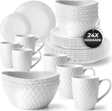 MIAMIO - Keramisk porcelænssæt, 24 dele, kombineret service til 6 - Tåler opvaskemaskine og mikroovn - Palmanova Collection (hvid)