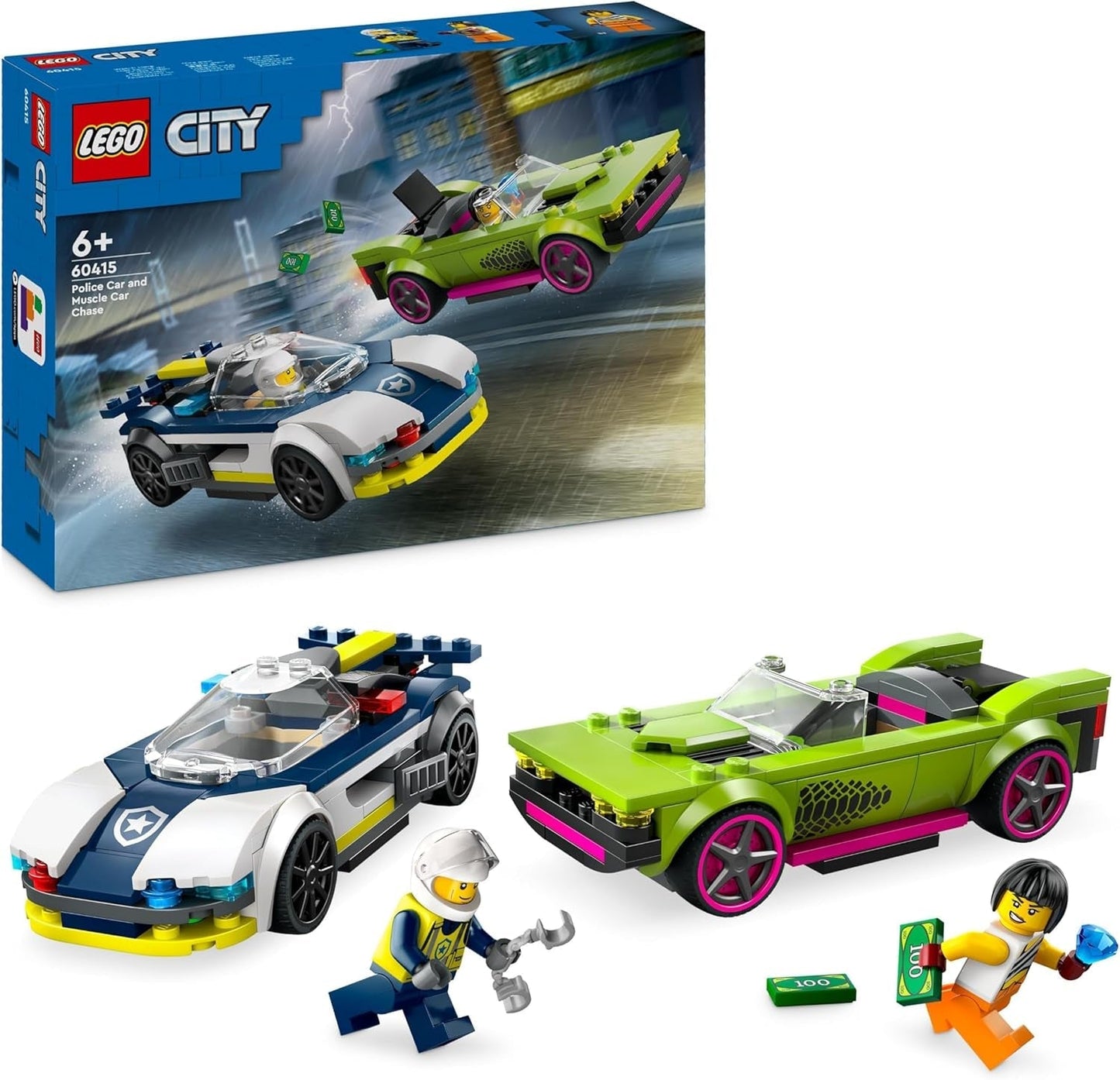 LEGO City Car Chase med politibil og muskelvogn, toglegetøj med 2 racerbiler, politigave til børn, drenge og piger fra 6 år, politimand og minifigursæt Ganovin 60415 Byggesæt Besuche den LEGO-Store Single