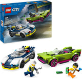 LEGO City Car Chase med politibil og muskelvogn, toglegetøj med 2 racerbiler, politigave til børn, drenge og piger fra 6 år, politimand og minifigursæt Ganovin 60415 Byggesæt Besuche den LEGO-Store Single