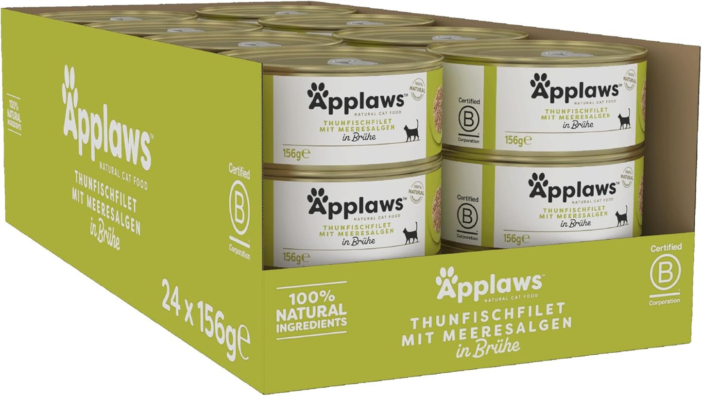 Applaws 100% naturlig Premium-Nassfutter for Katzen, Thunfischfilet med Algen i Brühe - Pakning med 24 x 156g Dosen