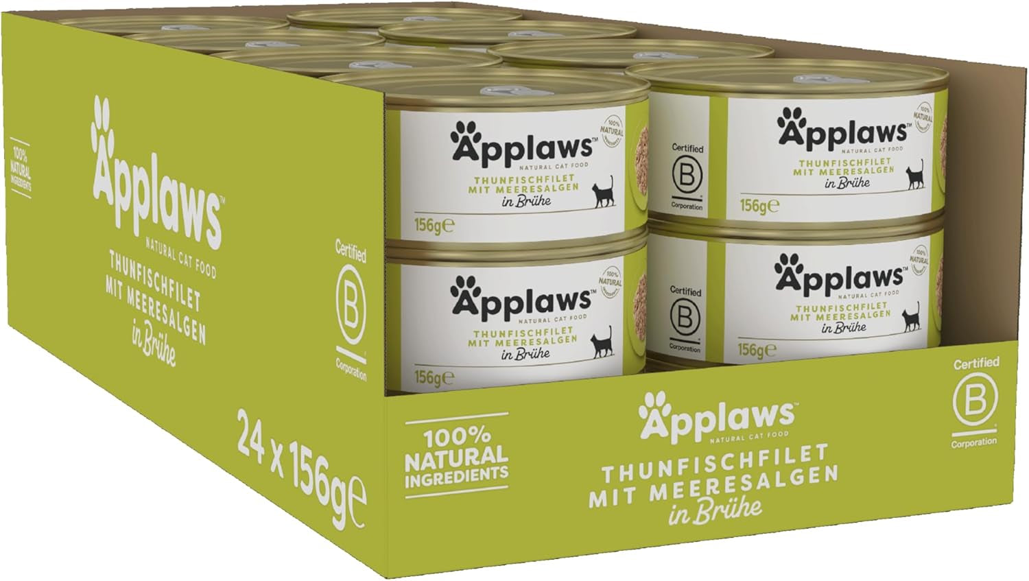 Applaws 100% naturlig Premium-Nassfutter for Katzen, Thunfischfilet med Algen i Brühe - Pakning med 24 x 156g Dosen
