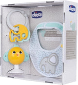 Chicco måltidsgavesæt Dou Dou, hagesmæksæt, højstolslegetøj med sugekop i form af en sød kylling, med to farverige rangler, let at fange fra 6 måneder Baby Toys Naty Shop