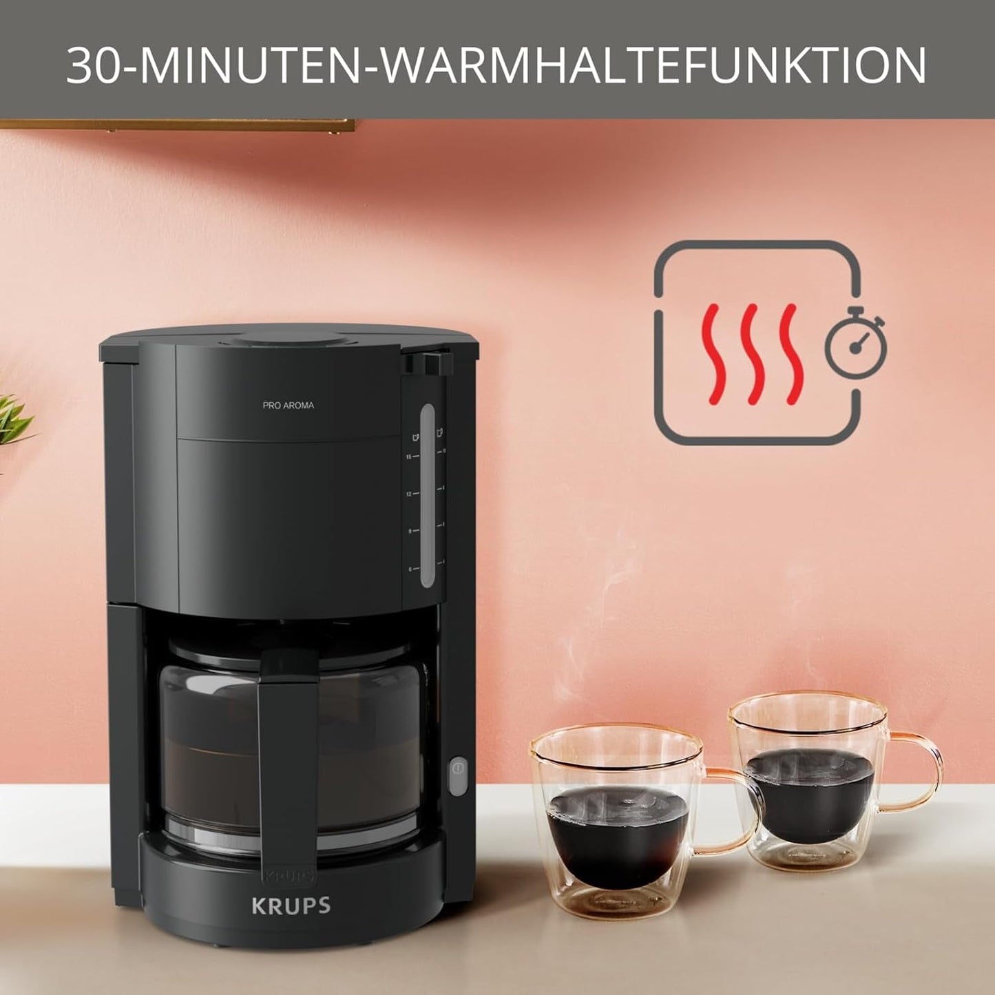 Krups F30908 ProAroma Espressomaskine med filter og glaskaraffel, kapacitet 1,25 l, 10-15 kopper, 1050 W, sort
