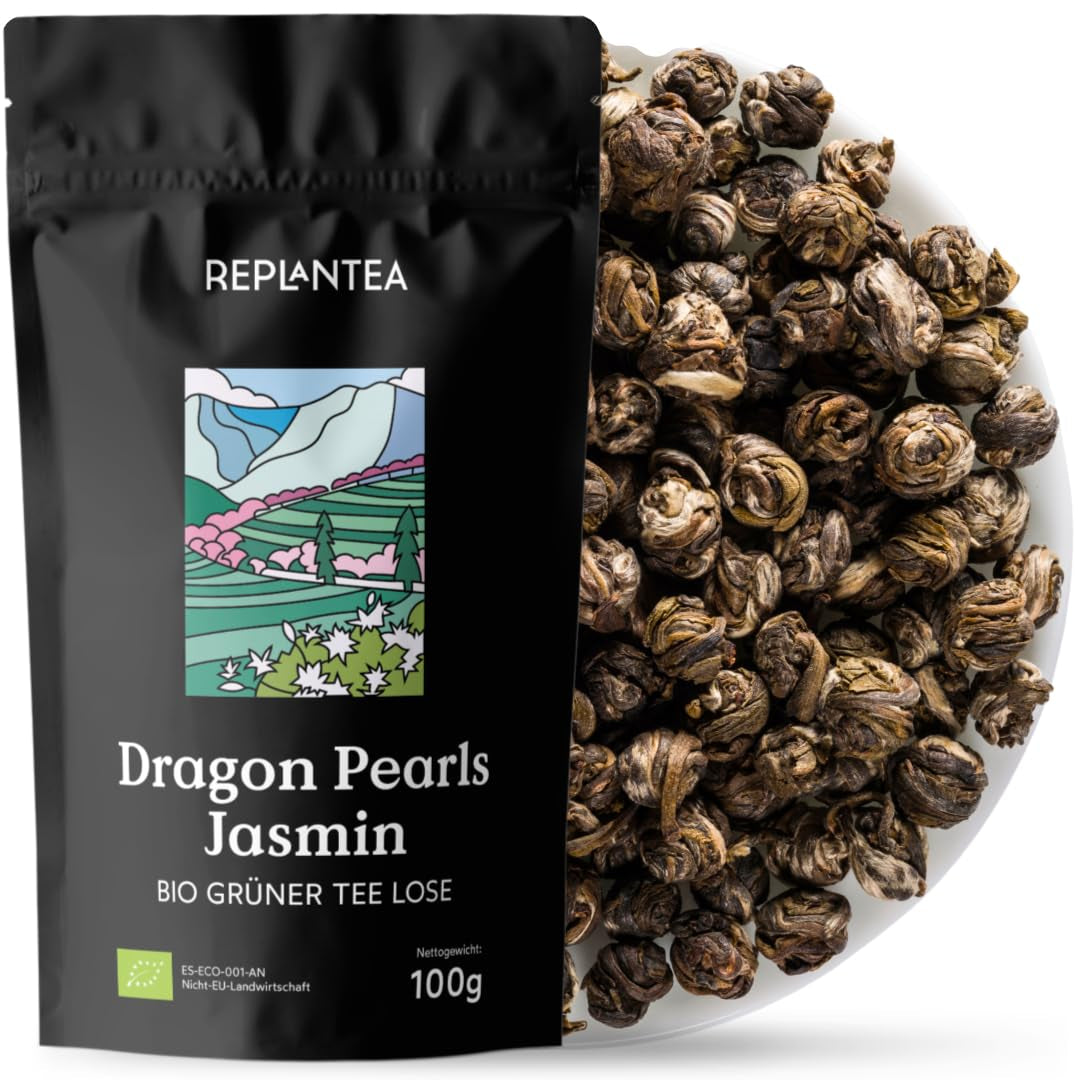 Økologisk te Jasmin Dragon Pearls (100 g) | Premium grøn te i form af håndrullede jasminperler | Tespecialitet med delikat blomsteraroma | GENPLANT