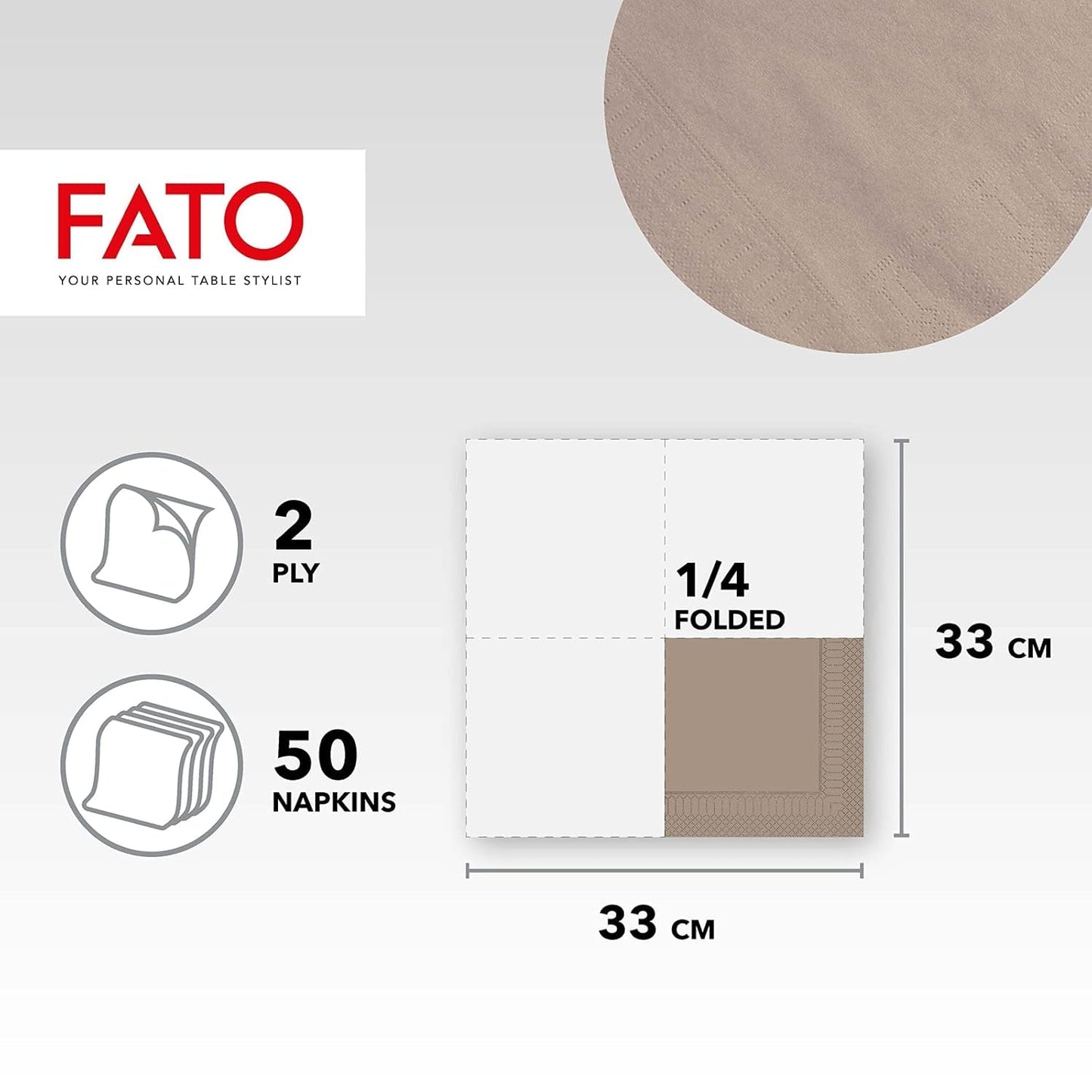 Fato, engangspapirservietter, ideelle til afslappede frokoster og buffeter, pakke med 50 servietter, størrelse 33X33, foldet i 4, 2 lag, Turteldue, 100 % rent cellulosepapir, Fsc-certificeret