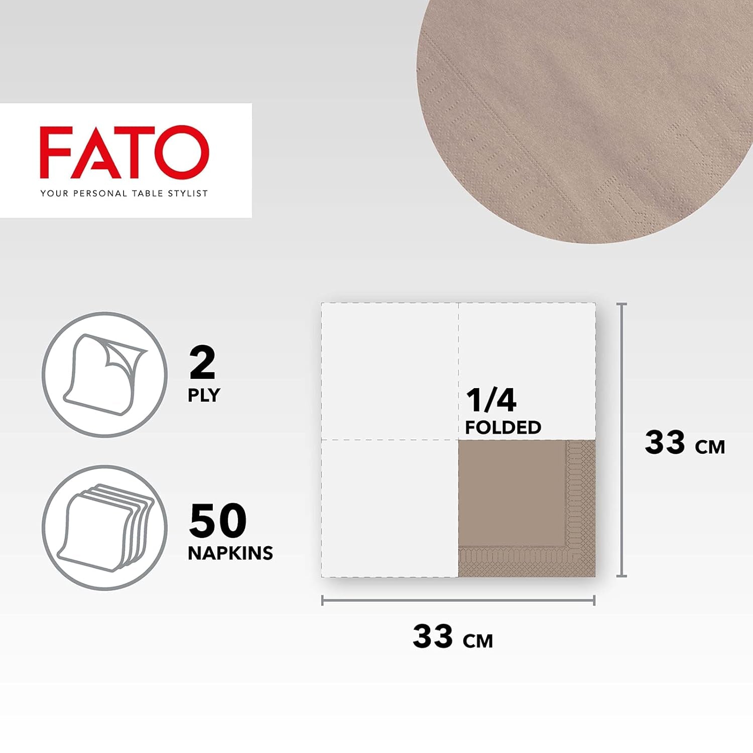 Fato, engangspapirservietter, ideelle til afslappede frokoster og buffeter, pakke med 50 servietter, størrelse 33X33, foldet i 4, 2 lag, Turteldue, 100 % rent cellulosepapir, Fsc-certificeret