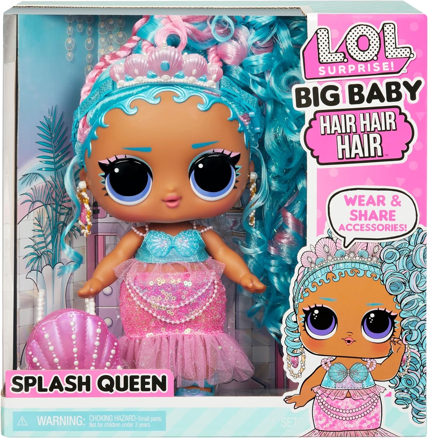 L.O.L. Overraskelse! Big Baby Hair Hair Hair – SPLASH QUEEN – 27,94 cm stor Puppe med 14 Überraschungen, Tilbehør til Teilen und echten Haaren – Für Kinder und Sammler ab 4 Jahren