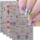 JMEOWIO Nagelsticker Bunte Herz Schleife 6 Blad Neglekunstklistermærke Selbstklebend Nagelaufkleber Dekoration Nageldesign Zubehör