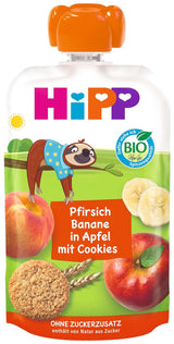 HiPP klembare poser med økologiske ferskner og bananer i poser med æbler og småkager - Felix the Lazy (8 x 100g), fra 1 år, frugt med korn, uden tilsat sukker, bedste økologiske kvalitet