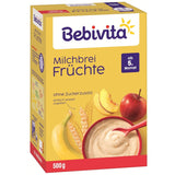 Mælkegrød med frugt (4x500g), fra 5 måneder, uden tilsat sukker, med værdifulde mineraler og vitaminer, meget mættende