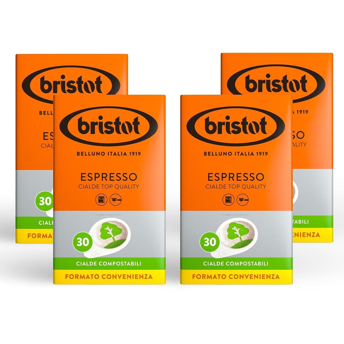 Bristot, 120 Espresso-Kaffeekapseln – eine Mischungen aus Arabica-Kaffee aus Brasilien und Zentralamerika, mit Noten von Zartbitterschokolade, Haselnuss og Caramell – 4 Packungen mit je 30 Kapseln