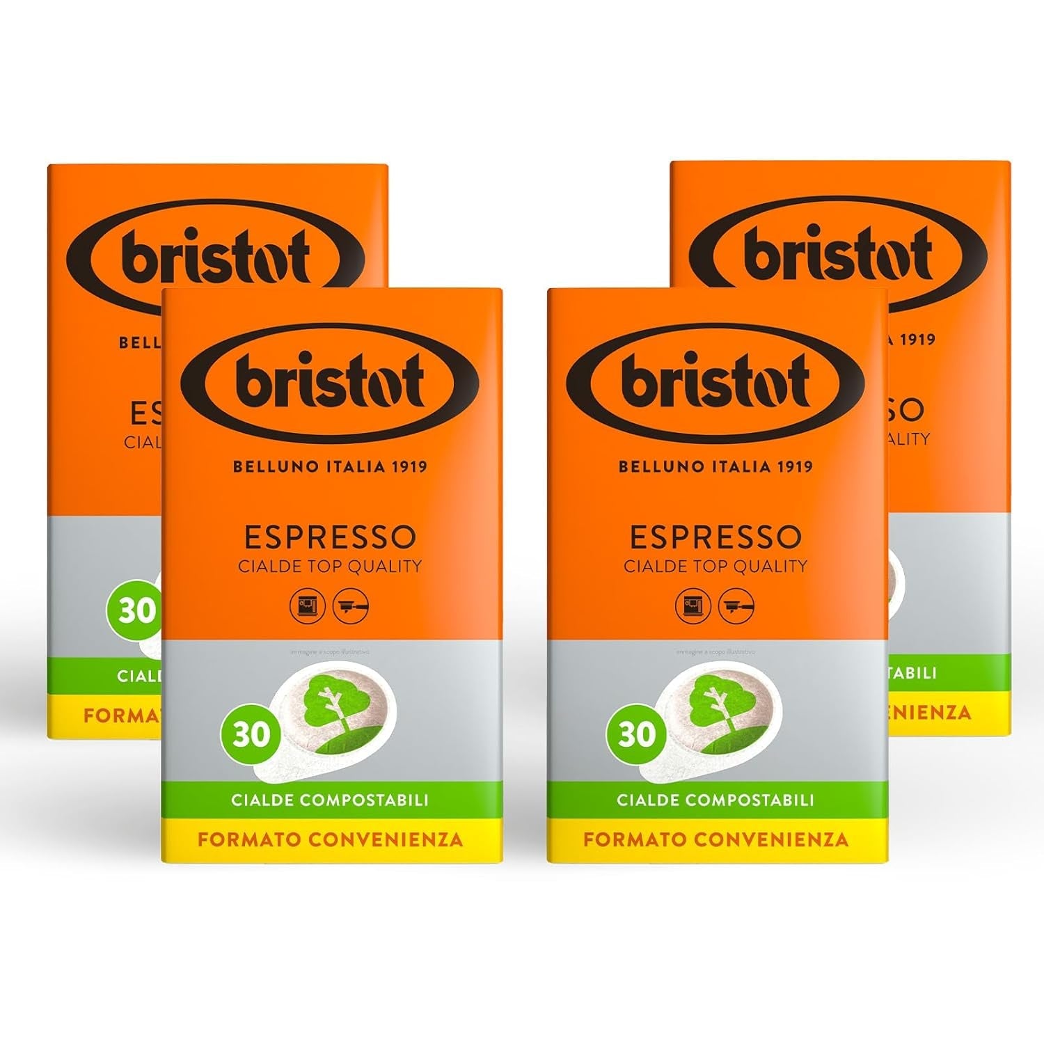 Bristot, 120 Espresso-Kaffeekapseln – eine Mischungen aus Arabica-Kaffee aus Brasilien und Zentralamerika, mit Noten von Zartbitterschokolade, Haselnuss og Caramell – 4 Packungen mit je 30 Kapseln