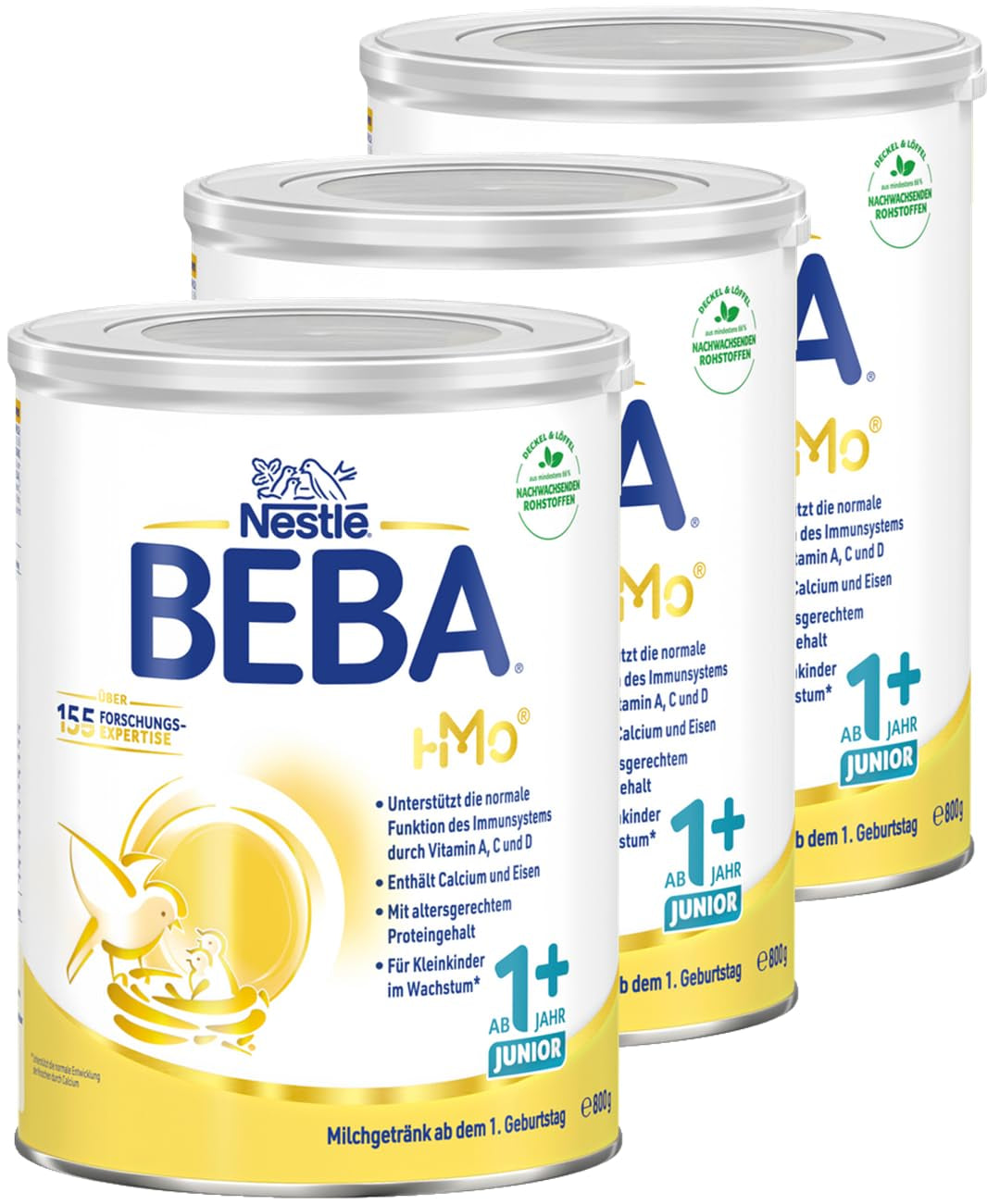 BEBA Junior 1+ mælkedrik fra 1 år, Med HMO, Alderssvarende proteinindhold, Kun laktose, Ingen palmeolie, Ingen fiskeolie, Småbørnsmad, Babymælkpulver, Pakke med 3 (3 x 800g)