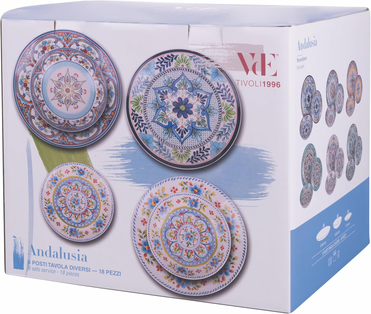 Porcelænsservice med 18 stykker, 6 forskellige sæt tallerkener, Andalusia