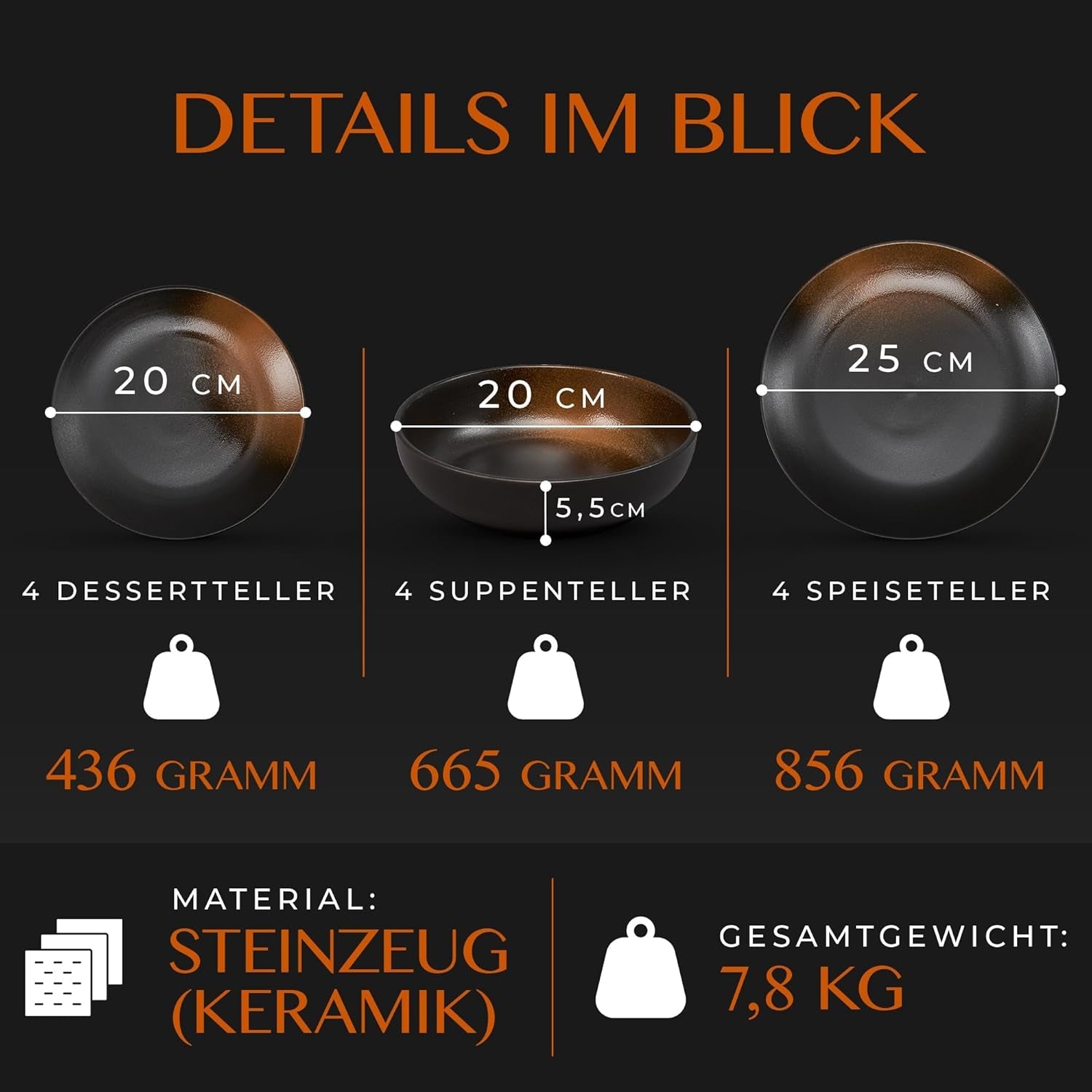 12-delt spisestel i stentøj - Prairie Line - Elegant design i brune/sorte toner, sæt med 4 middagstallerkener, 4 desserttallerkener og 4 middagstallerkener/Premium Collection