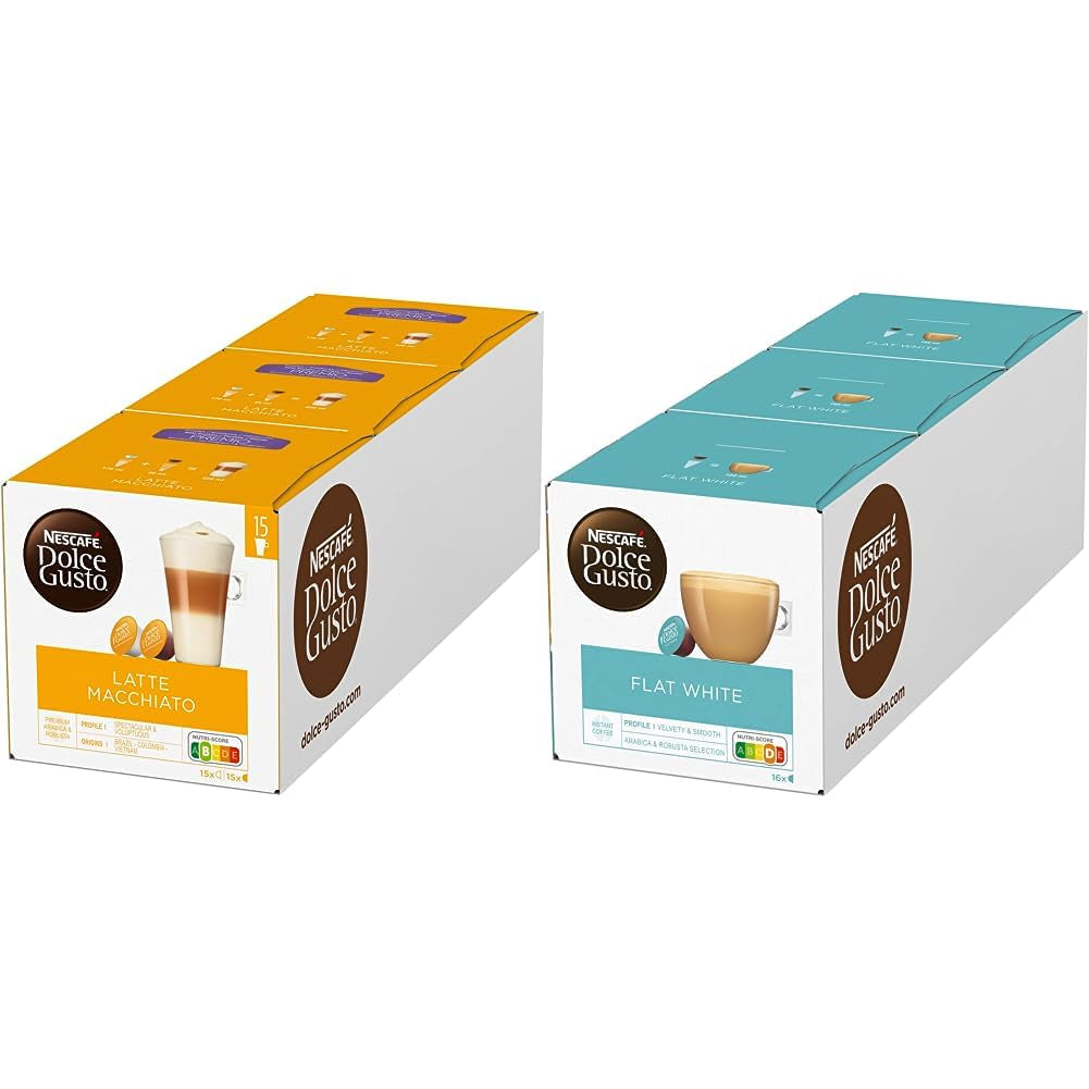 NESCAFÉ Dolce Gusto Latte Macchiato Vorratsbox 90 Kaffeekapseln & Flat White, 48 Kaffeekapseln, Arabica og Robusta Bohnen