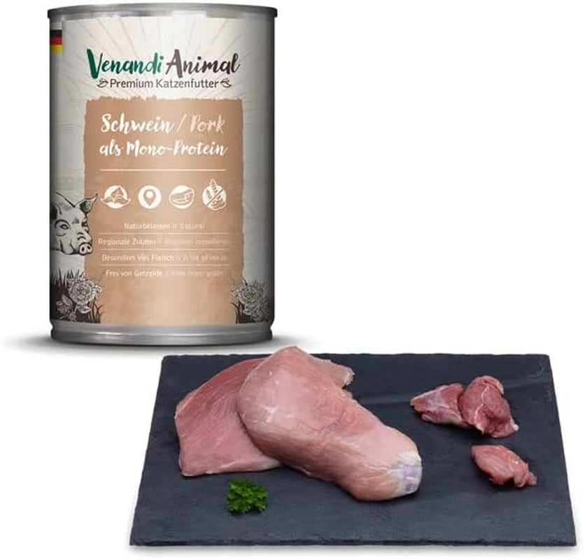 Venandi - Premium våd kattefoder - svinekød som et enkelt protein, 6 x 400 g (pakke med 6), kornfri med ekstra kød