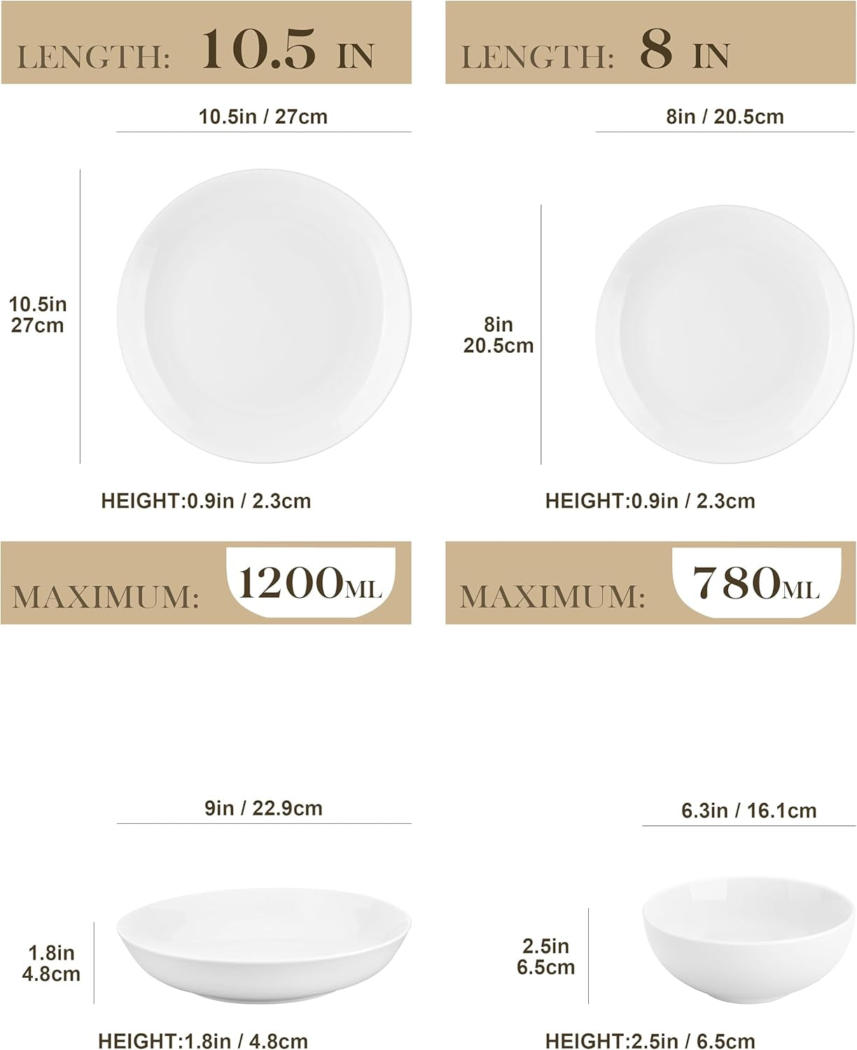 MALACASA 12-personers spisestel, Amelia 48-delt moderne porcelænsstel, bordservice med 12 middagstallerkener, desserttallerkener, suma tallerkener og kornskåle, moderne 12-personers stel - hvid