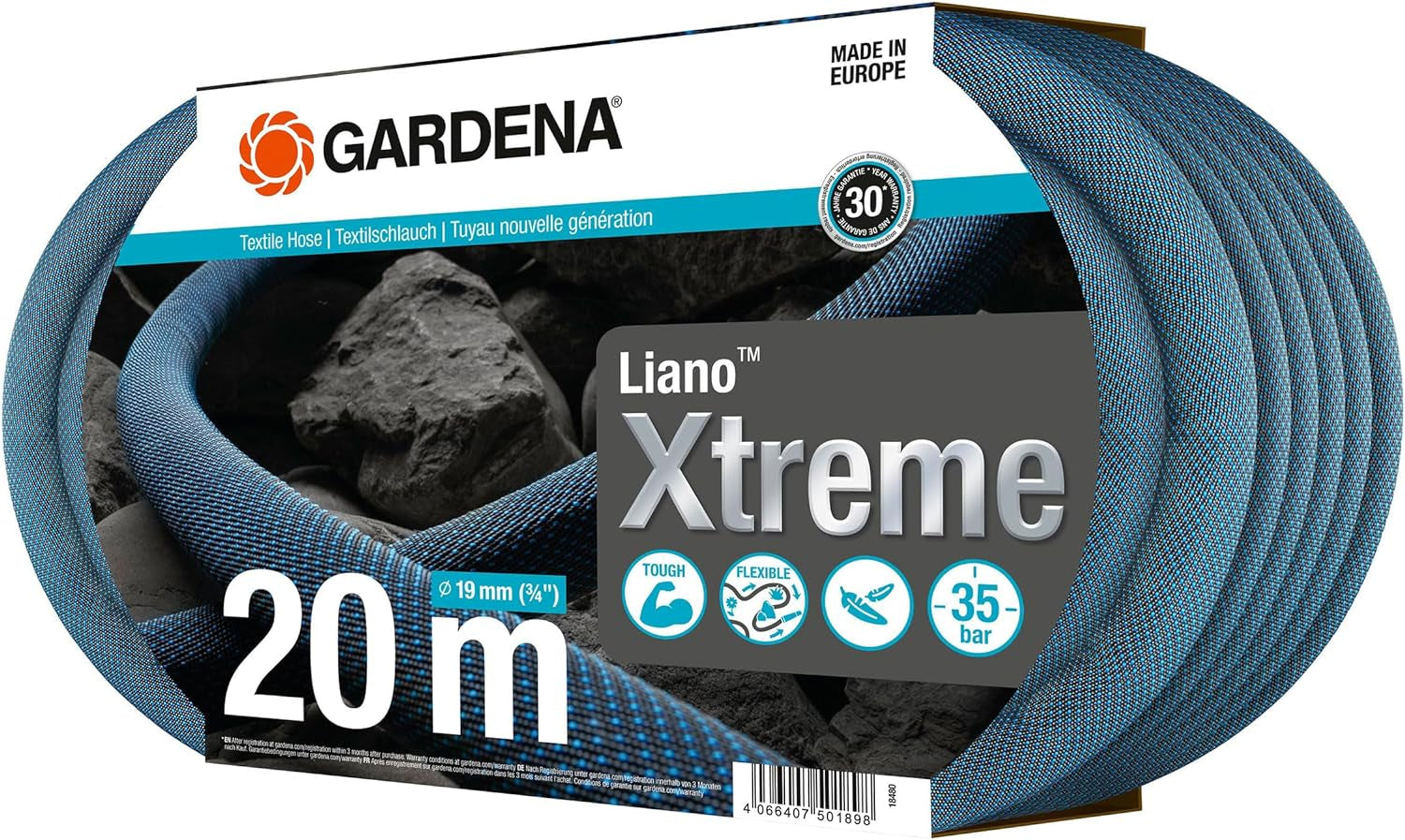 Gardena Liano Xtreme 3/4 tommer sæt, 20m: Ekstremt robust tekstilhaveslange med let, vejrbestandig PVC inderslange (18480-20)