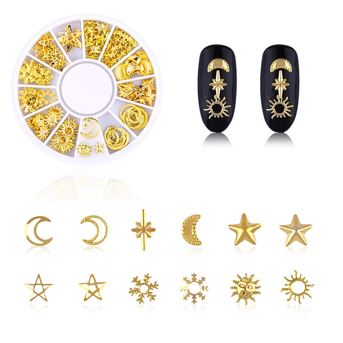 4 æsker Nagel Art Strass, 3D Nagel Art Decorations, Mix Größe Nagel Perlen Glitter Strass Guld Metall Hohlniet Nagelkunst Stern Mond Sonne Nagel Zubehör Für DIY Nageldesign