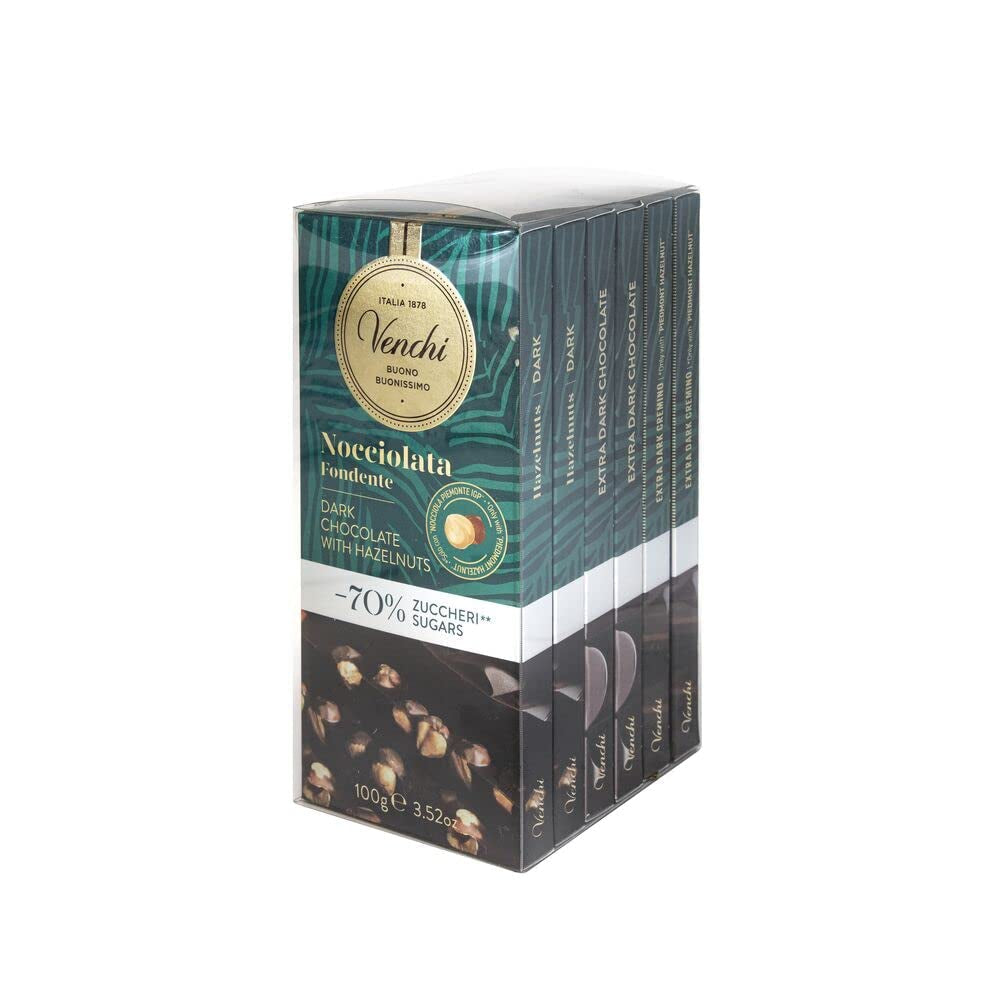 Venchi - Pakke med 6 mørke chokoladebarer med hasselnødder, 600g - Ingen tilsat sukker - Ingen kunstige sødestoffer - Glutenfri - Vegansk - Gaveidé