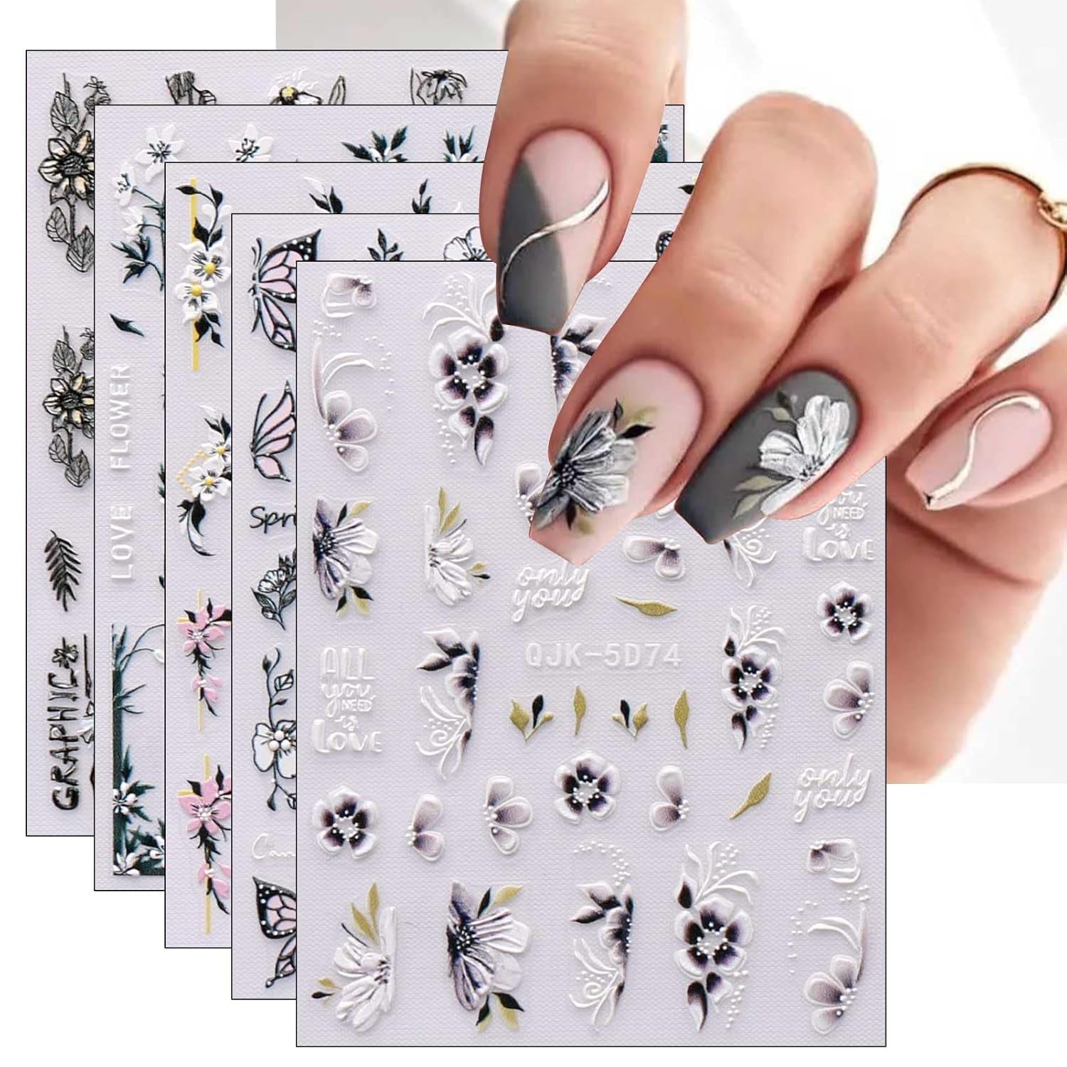 JMEOWIO 6 Blatt 3D Nagelsticker Frühlings Blume Nail Art Sticker Selbstklebend Nagelaufkleber 5D Stereoskopisk Bunte Sommer Blumen Dekoration Nageldesign Zubehör
