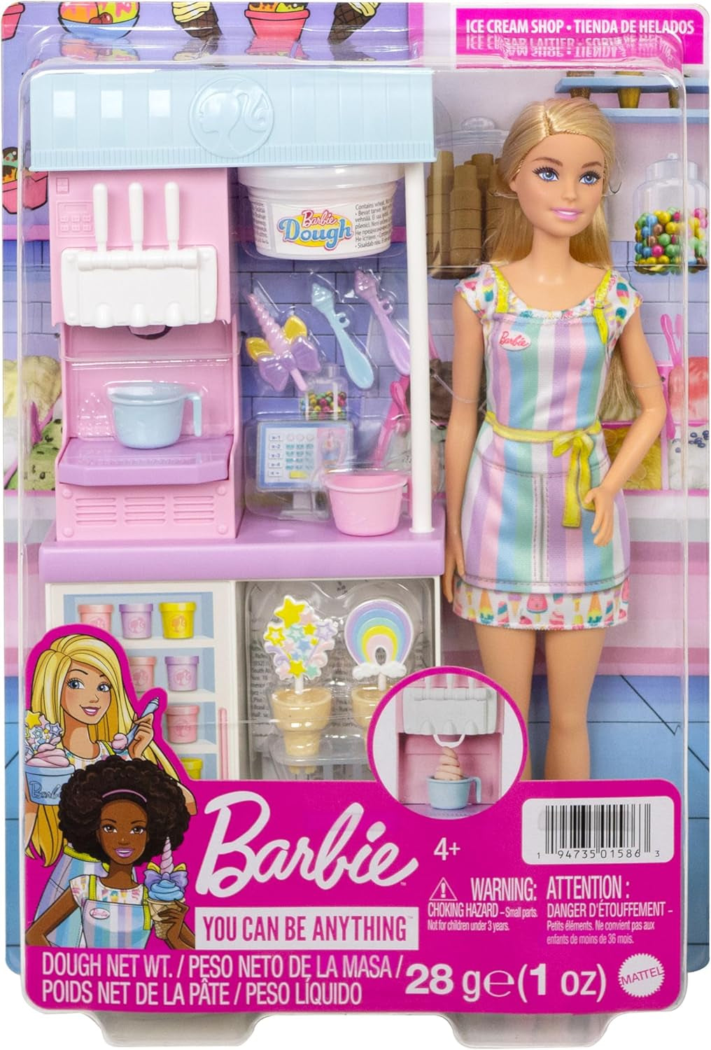 Barbie You Can Be Anything-serien, Isbar, 1x Barbie-dukke med blond hår, Ismaskine, Barbie Play-Doh, Bagetilbehør, Gave til børn, Legetøj fra 3 år og op, HCN46