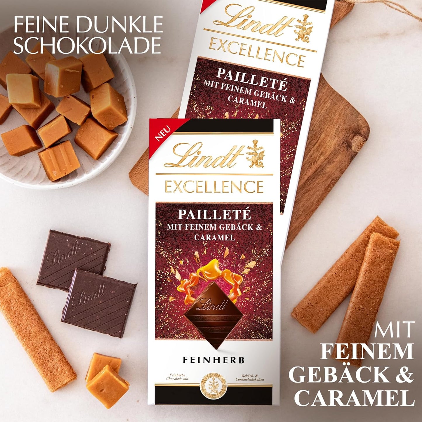 Lindt EXCELLENCE dejstykker med pailletter og karamel - fin mørk chokolade med intens kakaosmag