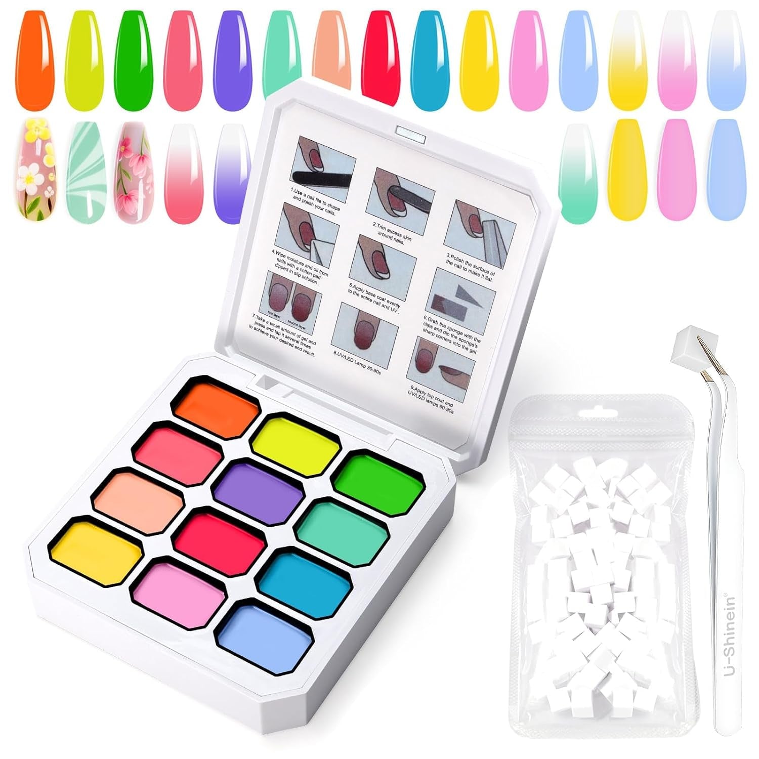Gradient Painting Gel, 12 farver Ombre Gel neglelak med 100 stk. neglesvampe & 4 kløer metalgrabber til fransk manicure DIY neglekunst, sæt I