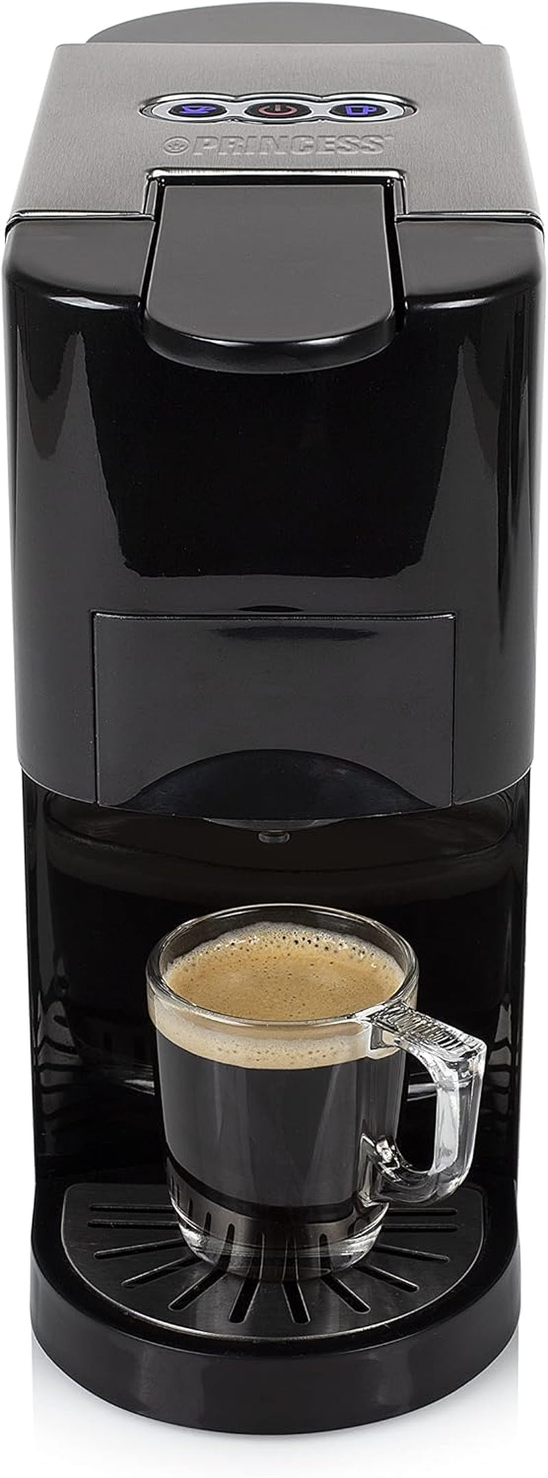 Princess 5 i 1 multikapsel espressomaskine - kompatibel med Nespresso, Dolce Gusto, Lavazza a Modo Mio og ESE puder, 0,8L kapacitet, 1450W, sølv, sort