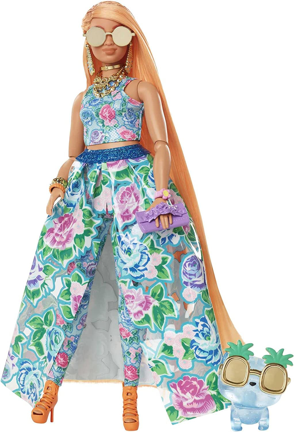 Barbie ekstra fancy, kurvet langt jordbærblondt hår, todelt jakkesæt, blå kat, lyserød taske, ananas solbriller inklusive dukke, egnet som gave, Hhn14 Naty Shop Dolls Standardtitel