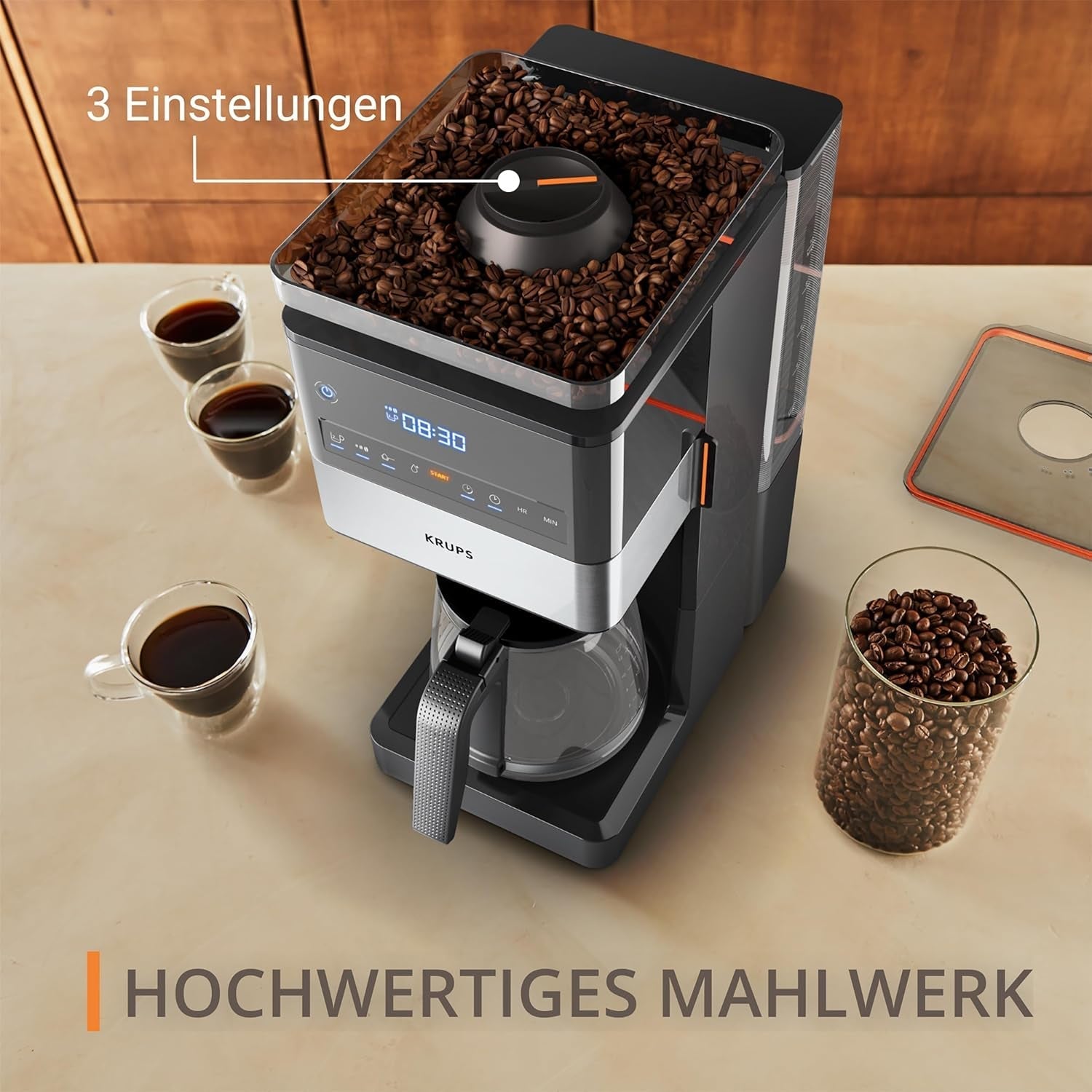KRUPS Grind Aroma XL Espressomaskine, Aftagelig konisk kværn, Digital Kontrolpanel, XL Kapacitet (1,5 L), Hold varm funktion, Glaskaraffel, Sort/rustfrit stål, KM842810