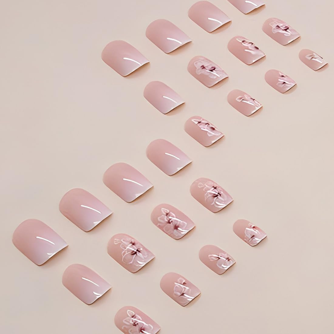 24 stk hvid firkantet lim på korte negle Pink gradient blomstermønster Tryk på negle Kunstige negle kunstige negle kunst franske firkantede negle kunstige negle til kvinder