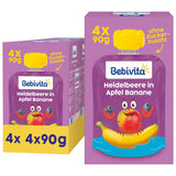 Blåbær-, æble- og bananpresselige poser - 16 (4 pakker, 4 x 90 g hver), uden tilsat sukker, glutenfri, ideel til takeaways og snacks på farten