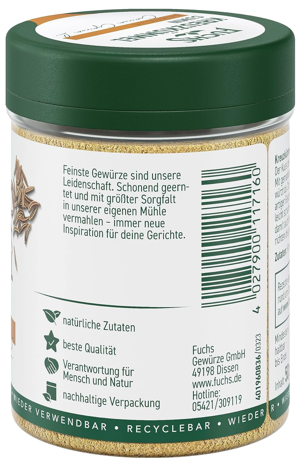 Fuchs Gewürze - Kreuzkümmel gemahlen - zum Würzen von Couscous, Hummus og Falafel - naturlige ingredienser - 50 g i wiederverwendbarer, genbrugsbarer Dosis