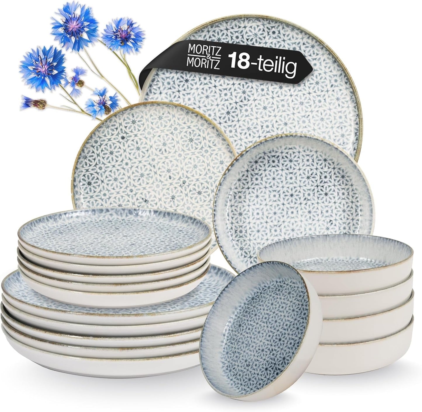 Moritz & Moritz ALHAMBRA Spisesæt til 6, 18 stykker, porcelæn af høj kvalitet - Moderne blåt porcelæn - Nemt at vedligeholde sæt med 6 middagstallerkener, 6 desserttallerkener og 6 skåle