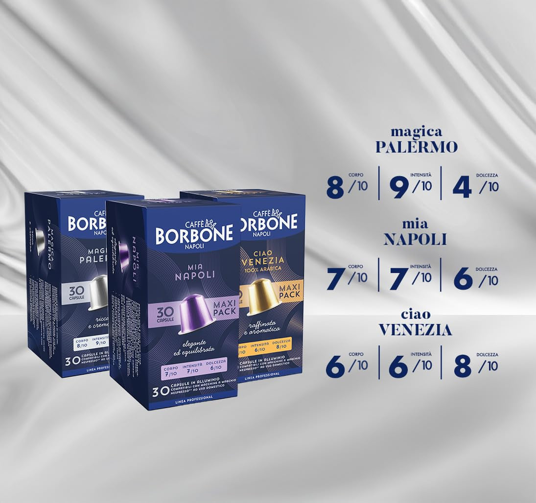 Caffè Borbone Verkostung Kit, 90 aluminiumskapsler: 30 Mia Napoli, 30 Ciao Venezia, 30 Magica Palermo, (3 x 30 Stück) – Kompatibel med Kaffeemaschinen für den Hausgebrauch af Nespresso®-mærket*