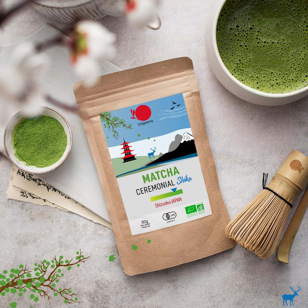 ORIGEENS BIO MATCHA CEREMONIAL GRADE "SHIKA" - Økologisk japansk te fra Shizuoka - Matcha Latte/Usucha - 30g refillpose - Ceremoniel økologisk Matcha grøn te-pulver