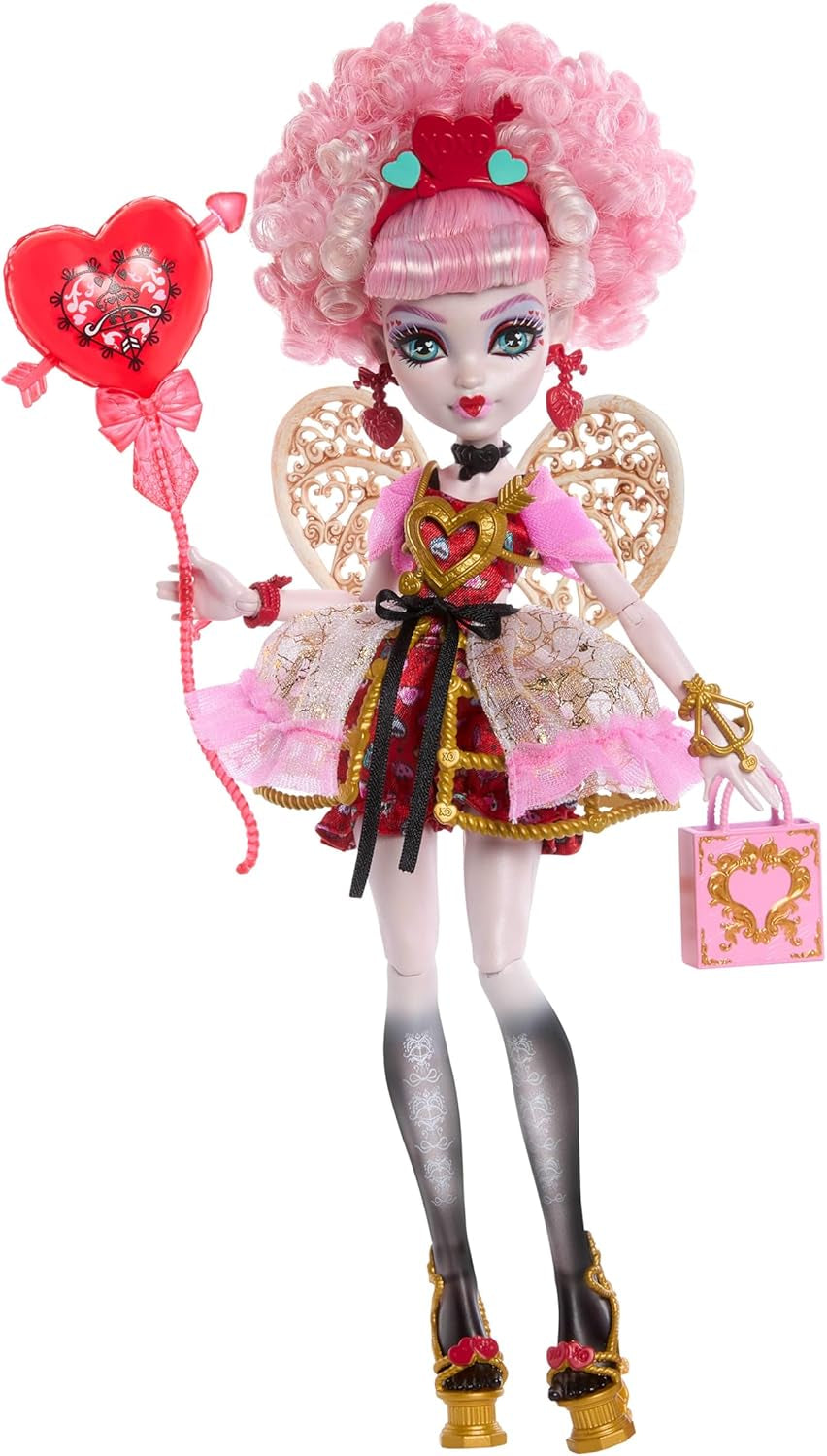 Monster High Skræmmende sød fødselsdag Amor Asteria dukke i pink og rød festkjole med tematilbehør som invitation, ballon, gave og mere, JBG77