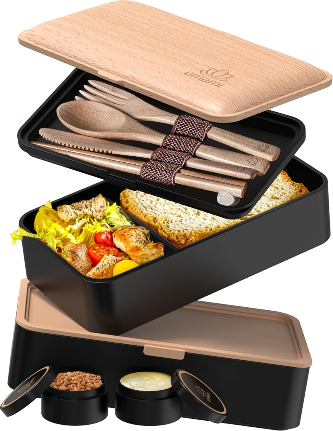Umami madkasse til voksne, stabelbar Bento-kasse med 4 bestik og rum, madpakke til voksne, to-go-salatbeholder, Picnic-/kontormadkasse, koksgrå, 1500 ml madopbevaringskasser Naty Shop Black Beech L - 1200 ml
