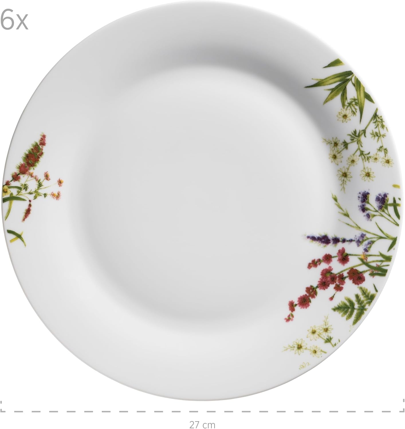 Mäser Urtehave 4-personers 18-delt blomster-detaljeret porcelænssæt inklusive middagstallerkener, suppetallerkener og desserttallerkener, porcelæn, hvid
