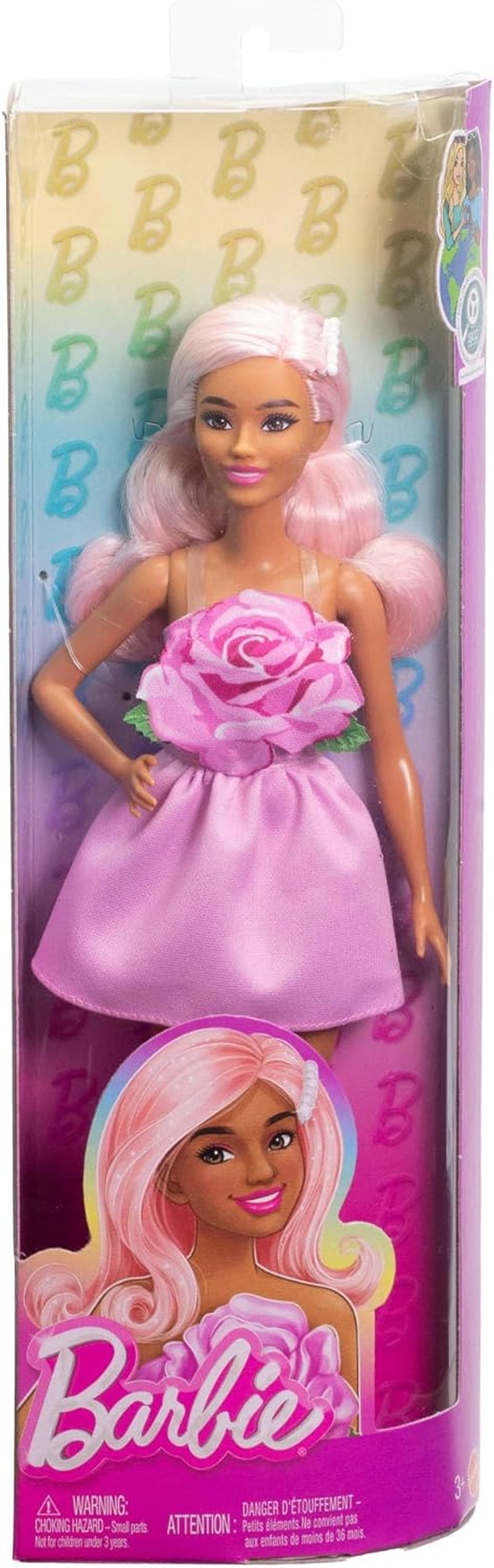 Barbie Fashionista dukke nr. 238 med pastellyserødt hår, stropløs kjole med pink overdel, perlehårklemme og høje hæle og hårspænder, HYT94