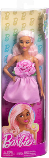 Barbie Fashionista dukke nr. 238 med pastellyserødt hår, stropløs kjole med pink overdel, perlehårklemme og høje hæle og hårspænder, HYT94