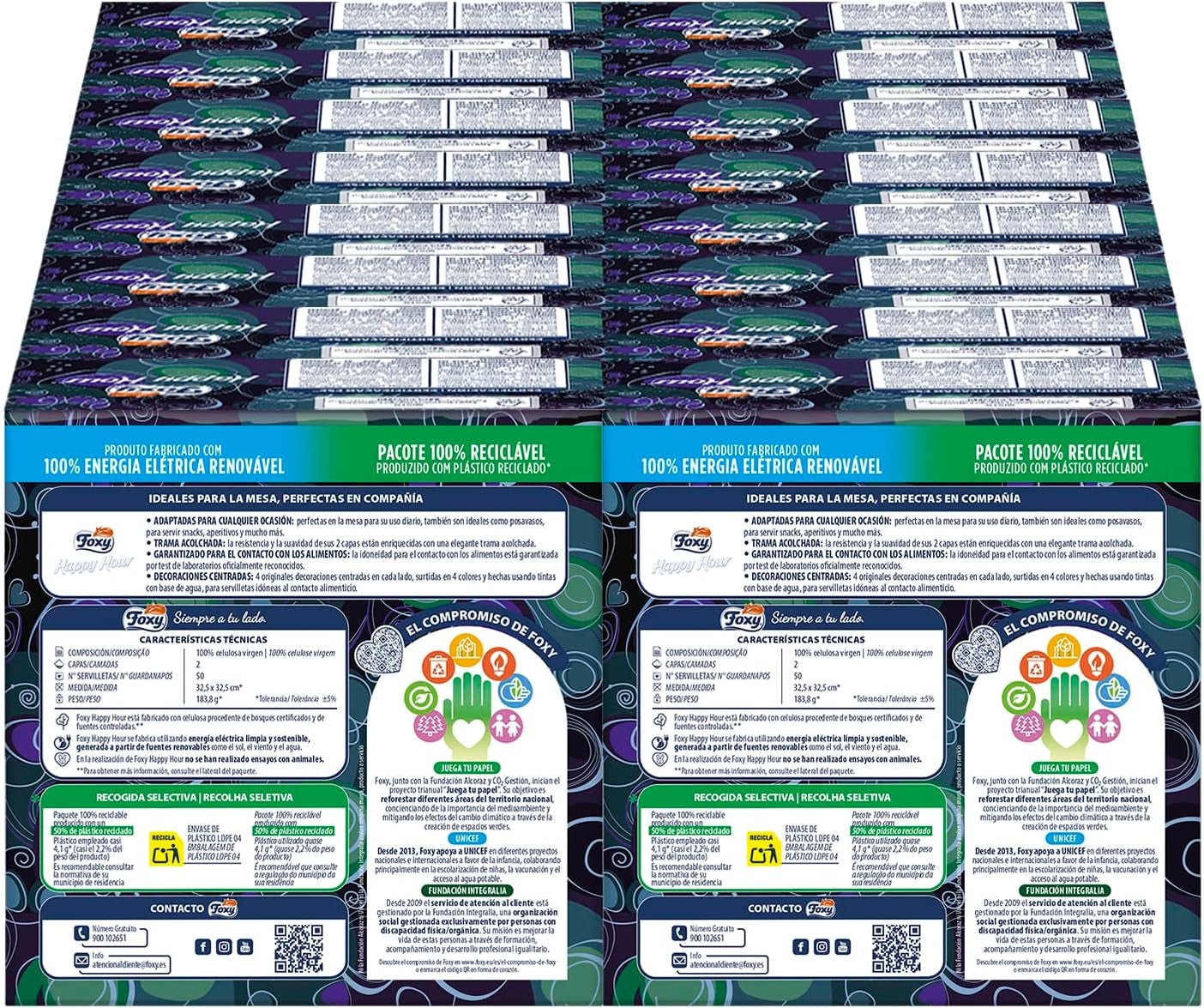 Happy Hour | Dobbeltlagsservietter | 16 pakker À 50 stk À 33 X 33 Cm | FSC certificeret | 100 % vedvarende elektricitet | Genanvendelig emballage lavet af genbrugsplast