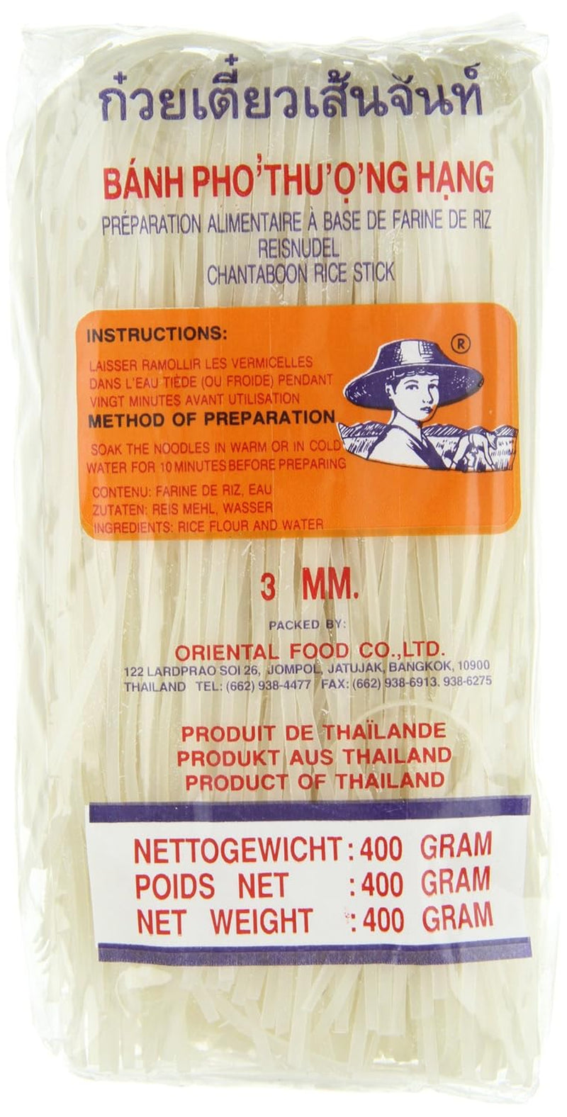 Risnudler - Thai, 3 mm brede risbåndsnudler, lavet af rismel - 17 x 400 g