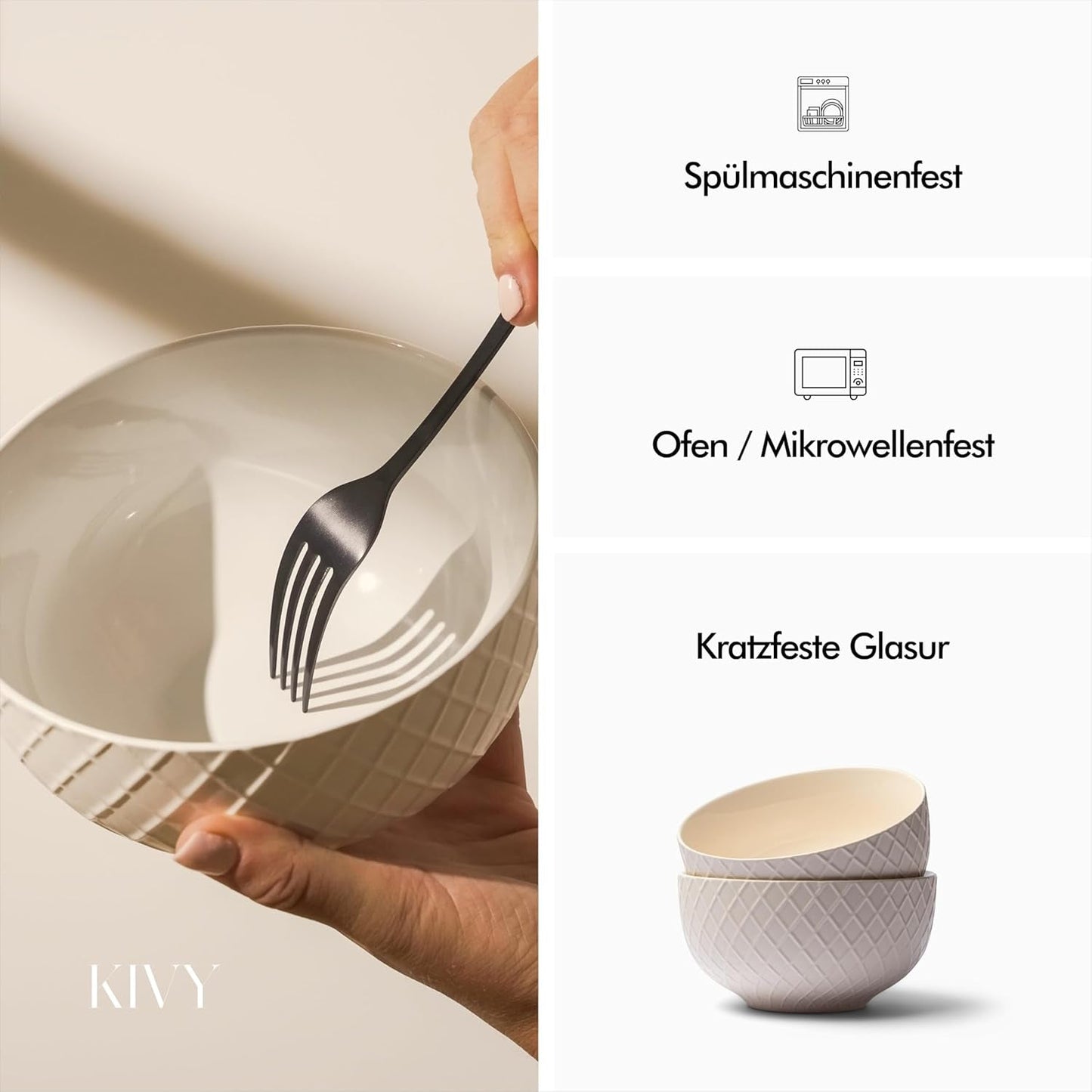 KIVY kornskålesæt - 6 x 850 ml - Store suppe- og grødskåle - Suppeskåle - skåle - kornskåle - suppeskåle - skålsæt - keramisk kornskåle (cremehvid, skåle)