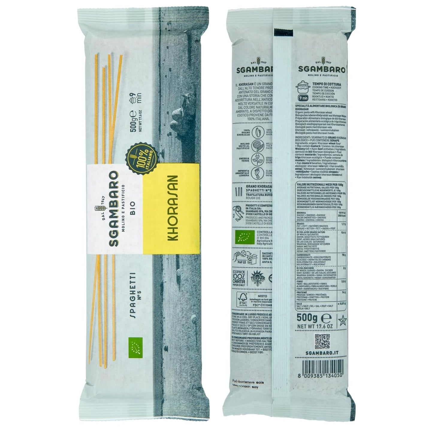 Økologisk spaghetti pasta nr. 5 - 500 g Khorasan hvede - Gamle hvede, høj i protein, 100% italiensk dyrket - Alsidig i køkkenet og rig på næringsstoffer