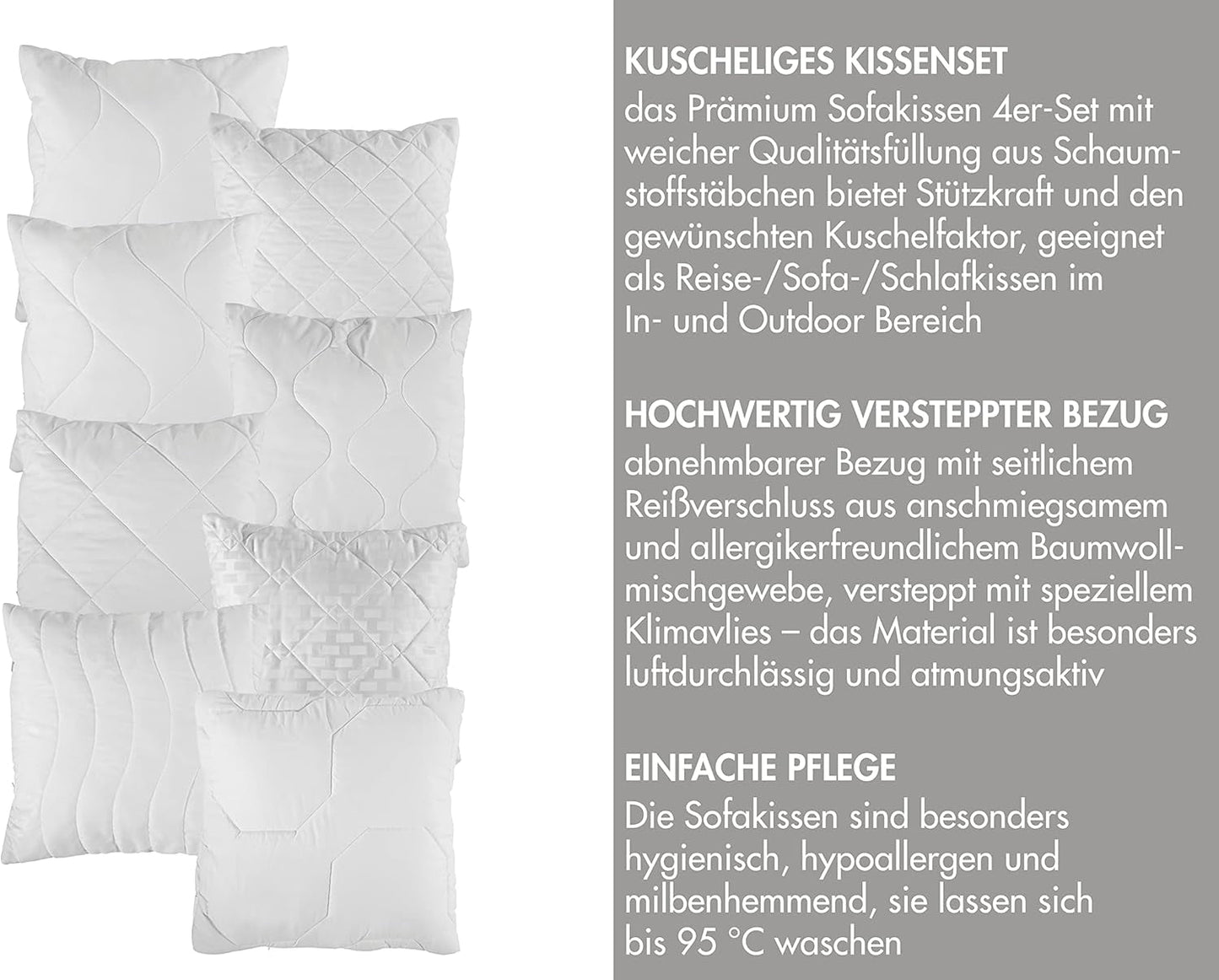 Traumnacht Komfortabel roulettepude, Sæt med 4 puder, Med quiltet betræk og skumfyld, 40 X 40 cm, Øko-Tex certificeret, Lavet efter den tyske kvalitetsstandard Naty Shop standardpuder